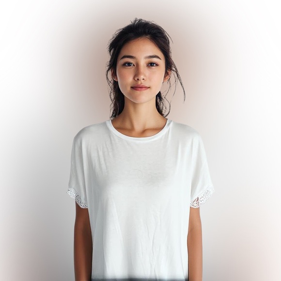 Emery Rose white Eyelet top Tee Tshirt size LG short sleeve lace trim stretch - Picture 1 of 13